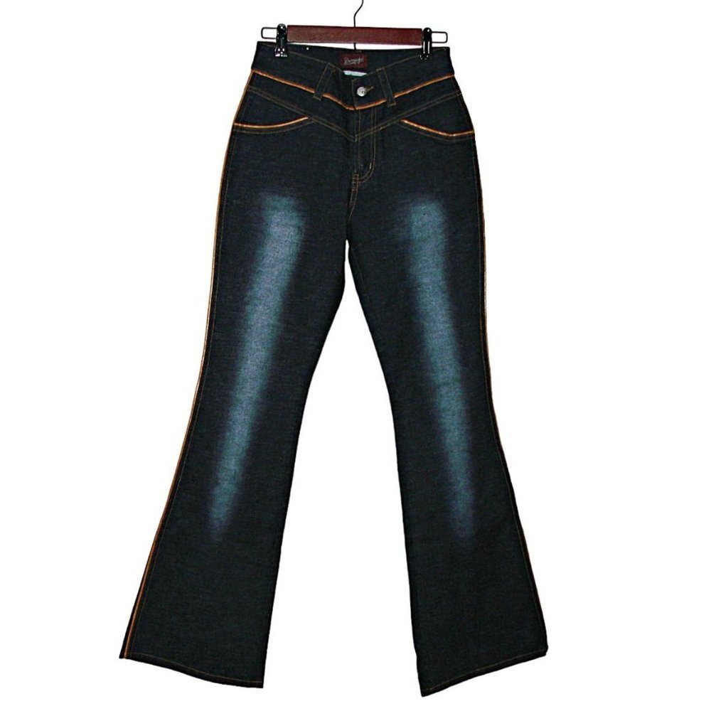 Bonny Girl Womens Juniors Dark Wash Tan Leather Trim Denim Flared Jeans Size 28